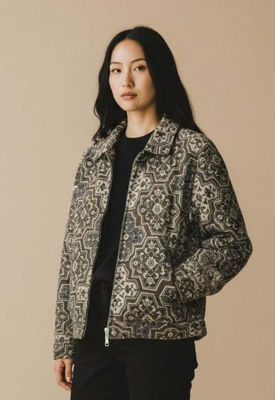 Abercrombie & Fitch Geometric Jacquard Zip Front Jacket Green Multi Size L